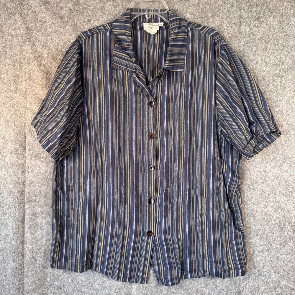 Hot Cotton Womens Linen Shirt Size 1X Blue Stripe Boho USA Button Down Coastal